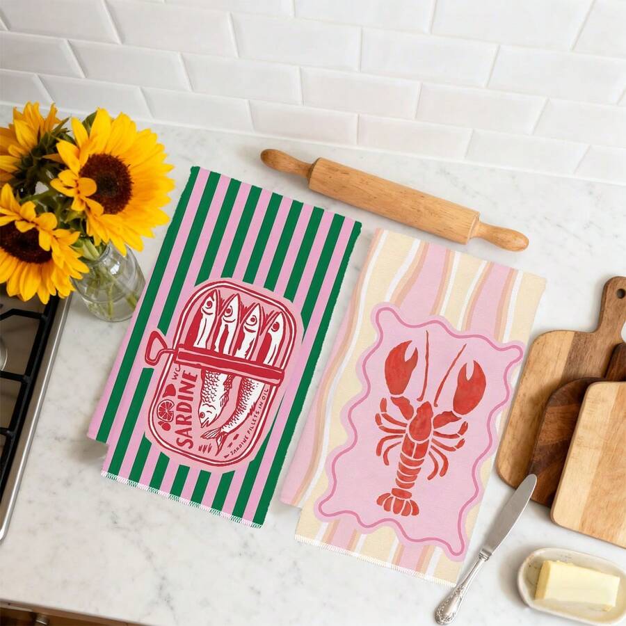 2Pcs, Pink and Green Striped S - Home Cooking Is The Best recension och pris